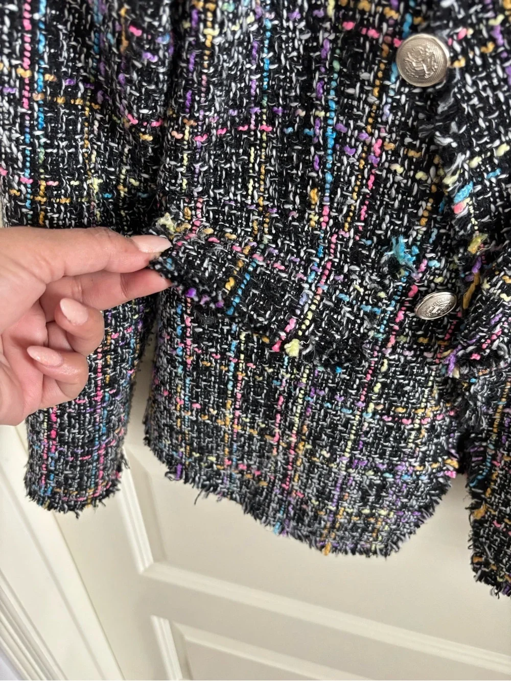 Willa Knox Woven Tweed Double-Breasted Jacket in Black Multicolor